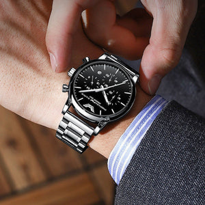 HUdlot - Chronograph Stainless Steel Waterproof Luminous Date Quartz Mens Watches Fashion Business Wristwatch