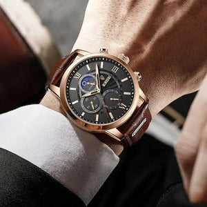 Hudlot - Exclusive Leather Casual Moon Phase Quartz Sport Chronograph Men Watch