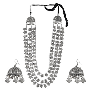 Fashion Faiza Silver Oxidised Floral Long Necklace Set