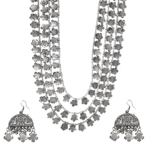 Fashion Faiza Silver Oxidised Floral Long Necklace Set