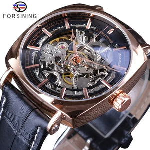 man Black Genuine Leather Fashion Royal Luxury Gold Clock Transparent Skeleton Men Automatic Mechanical Watches Top Brand