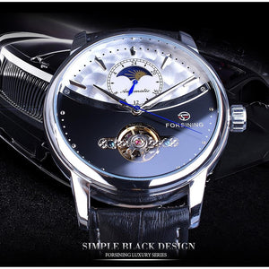 WATERPROOF Tourbillon Blue Automatic Men Watch Mechanical Moon Phase Genuine Leather