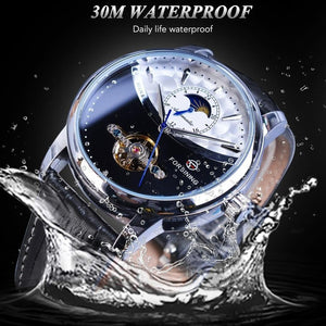 WATERPROOF Tourbillon Blue Automatic Men Watch Mechanical Moon Phase Genuine Leather